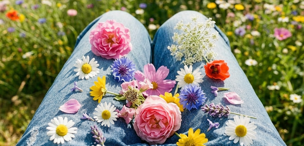 Loose stemless flowers on jeans lap, POV