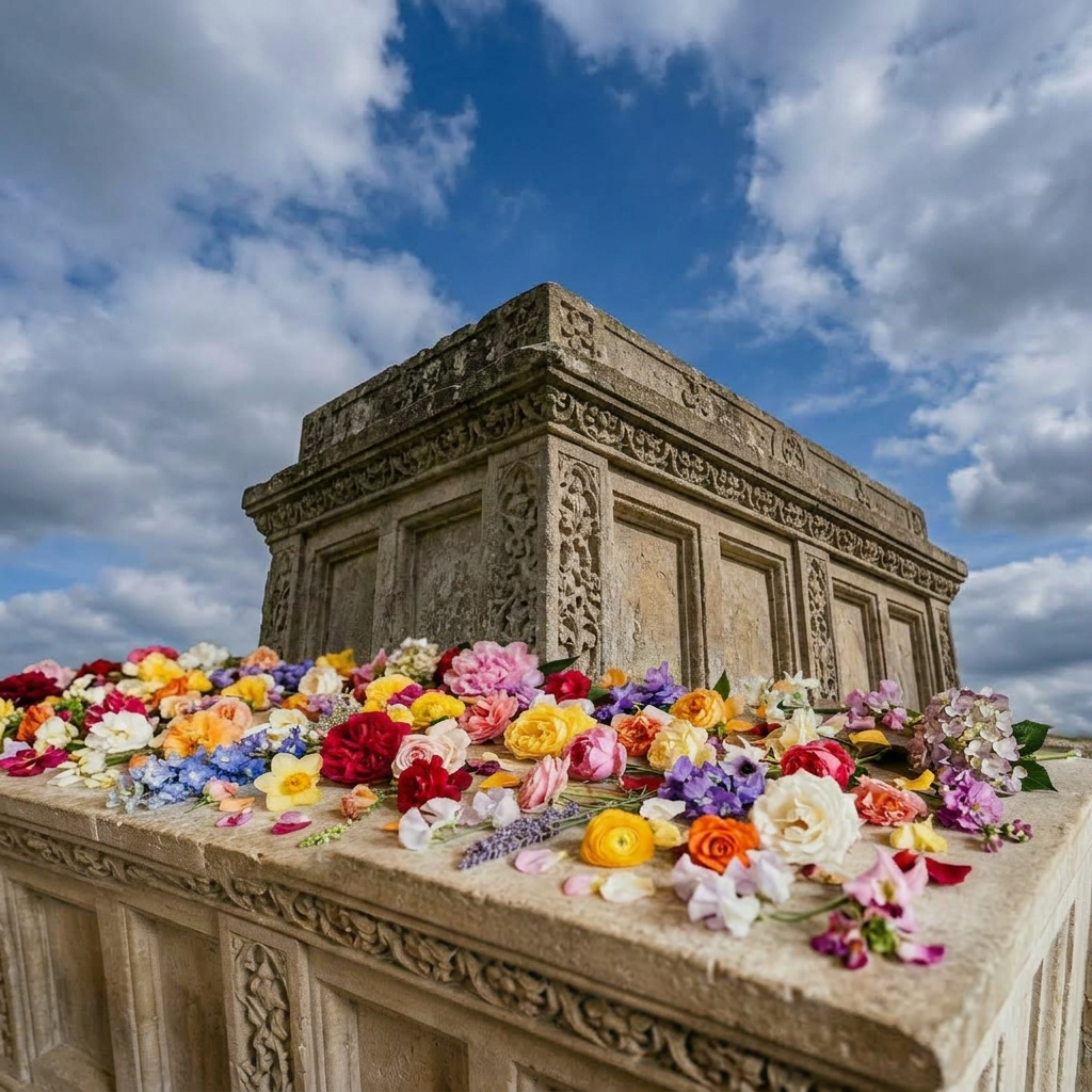 Wooden altar with colorful flowers, brass cross, lit candles, and a book inside a stone church