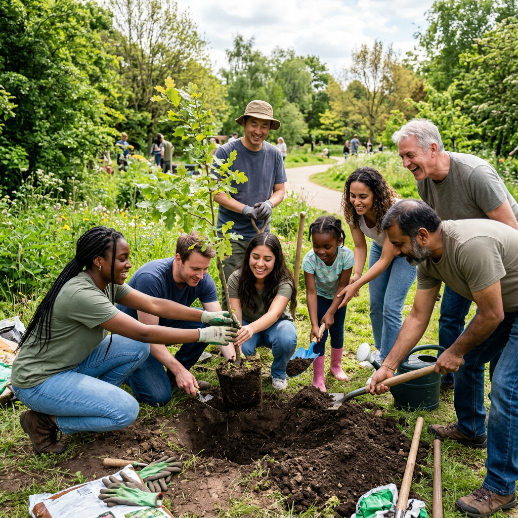 Group of diverse people planting a young tree in soil outdoors