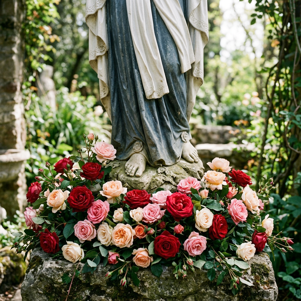 Base of garden statue with red, pink, and peach roses arranged around feet