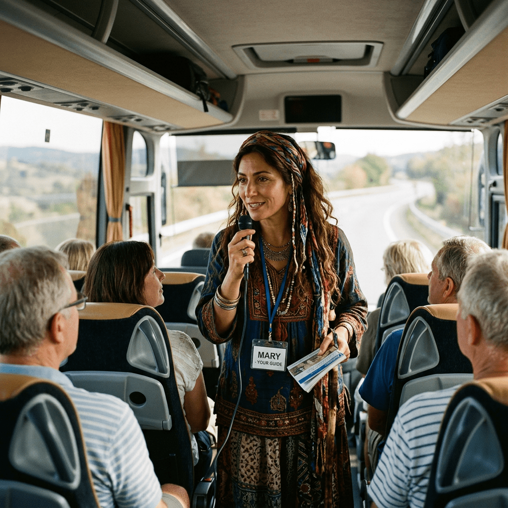 Tour guide speaking to seated passengers inside a tour bus
