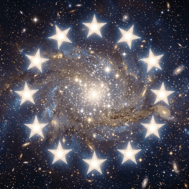 Twelve glowing stars arranged around a bright galaxy in space